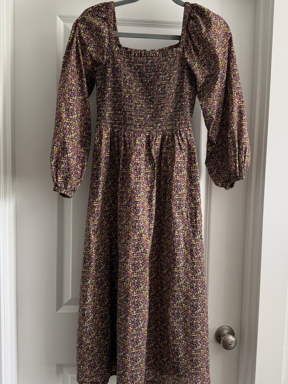 J. Crew Purple Floral Smocked Midi Dress with Puff Sleeves